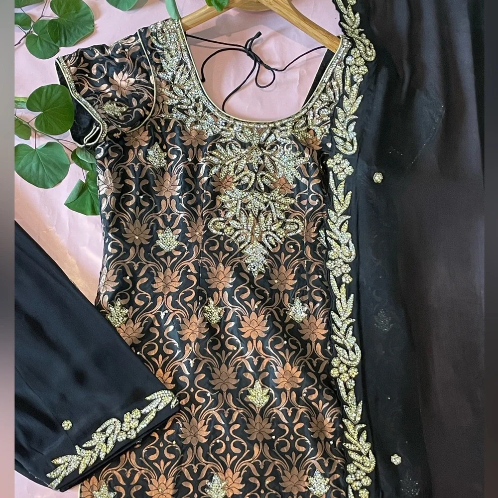 Copper and black Indian suit salwar kameez brocade suit Punjabi Pakistan - Picture 9 of 11